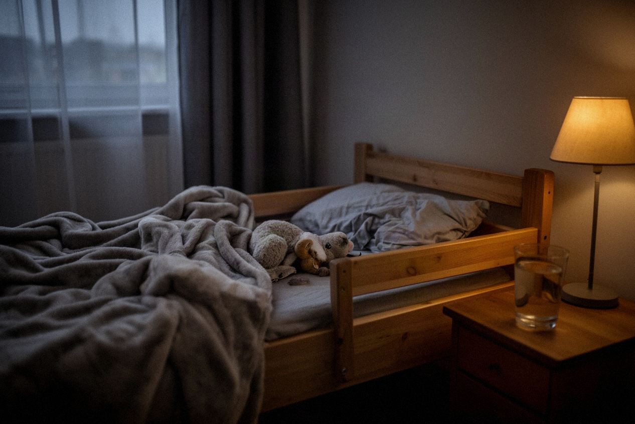 Łóżko dziecięce z pogniecionym kocykiem i poduszką w przyciemnionym pokoju wieczorem