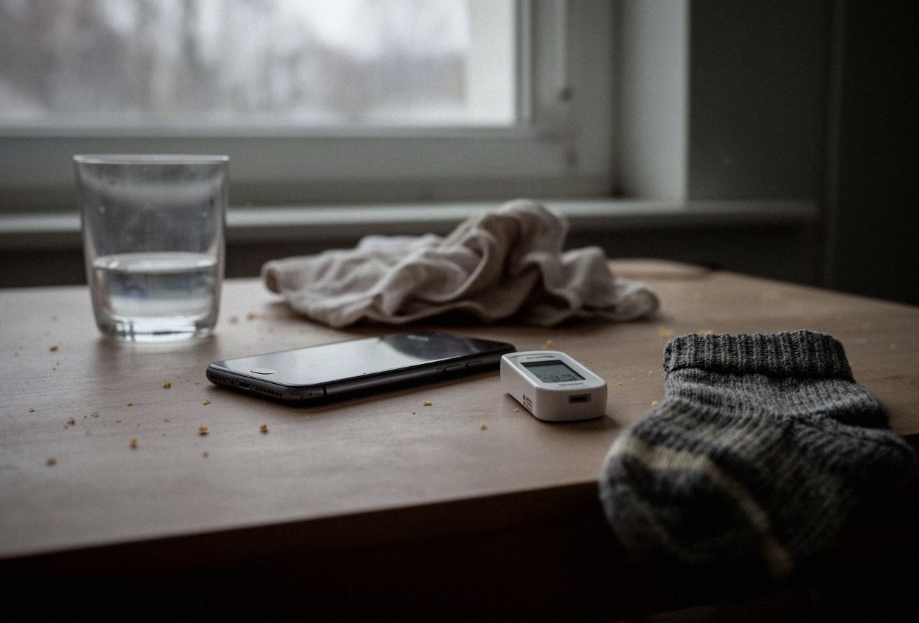 Telefon ekranem w dół obok termometru i szklanki wody na kuchennym stole w pochmurny poranek